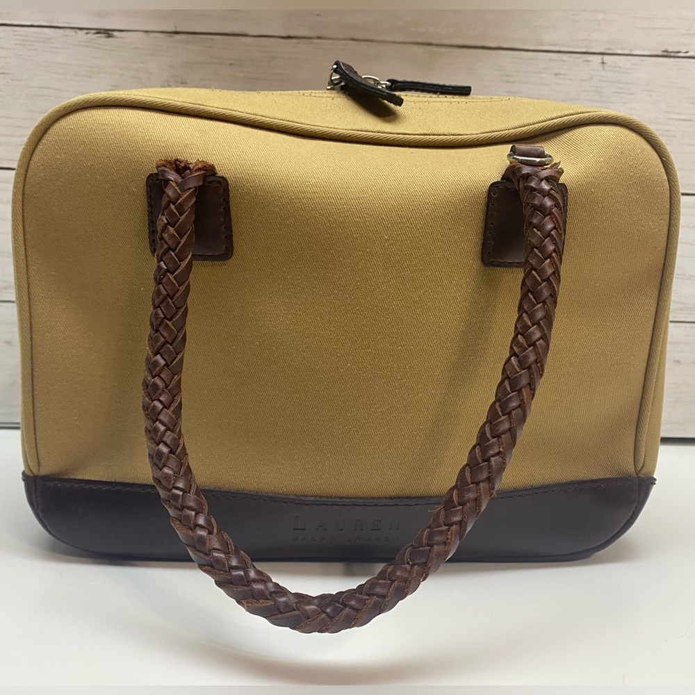 Lauren by Ralph Lauren Tan Canvas Hand Bag Purse Braided Leather Straps & Bottom